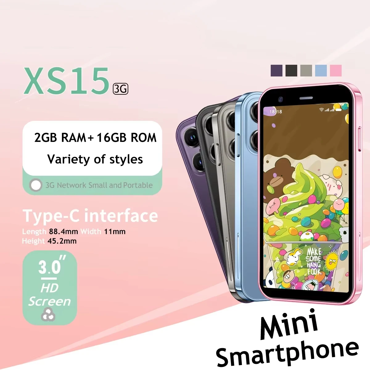 Mini Android Smartphone, Dual SIM Dual Standby, 2+16GB RAM, Android 8.1 System, GPS Supported, Touchscreen, WiFi Connectivity