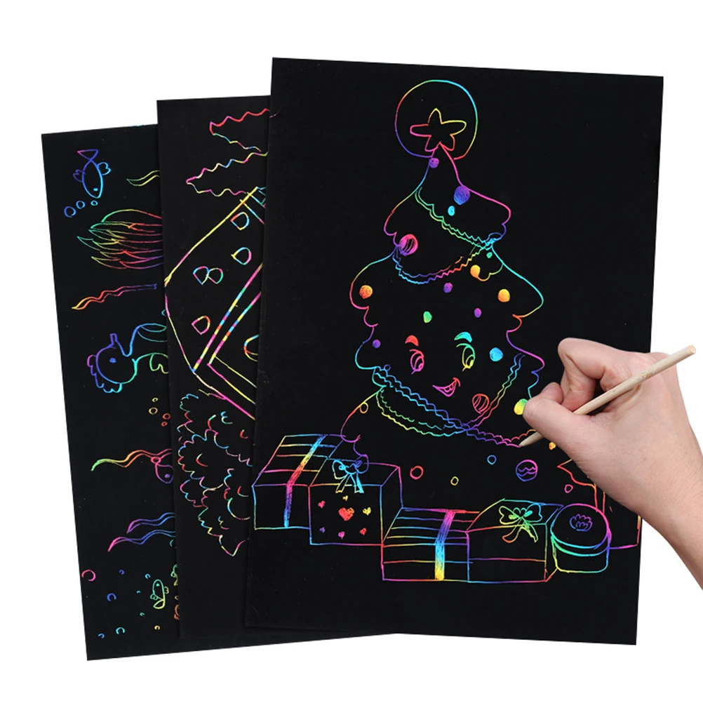 

10pcs Scratch Painting Paper Thick Black Coating Rainbow Scratchable Kids Art Craft Drawing Toys Safe Fun Creative Gift