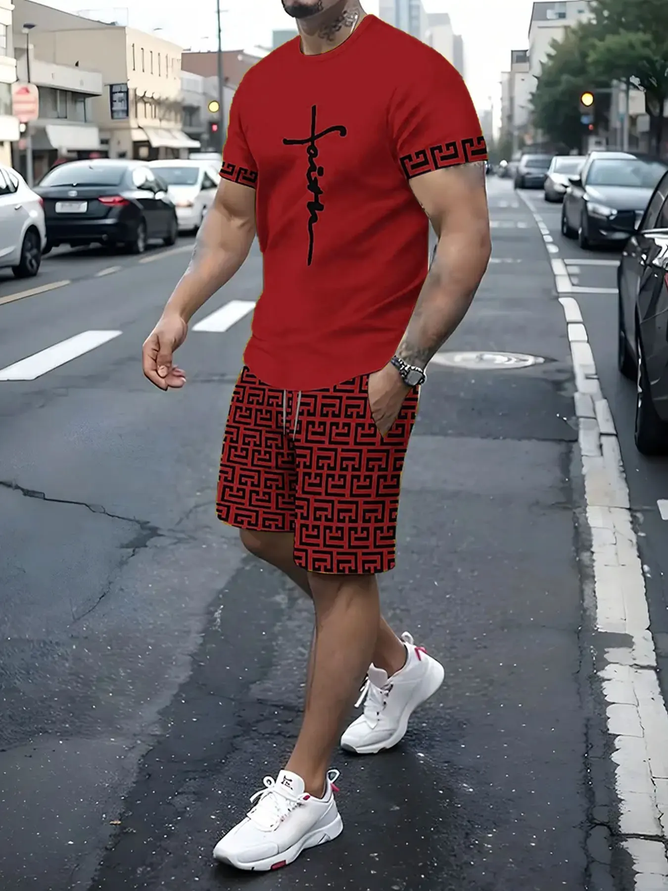 

Spring and summer new round neck fashion trendy printed shorts suit
