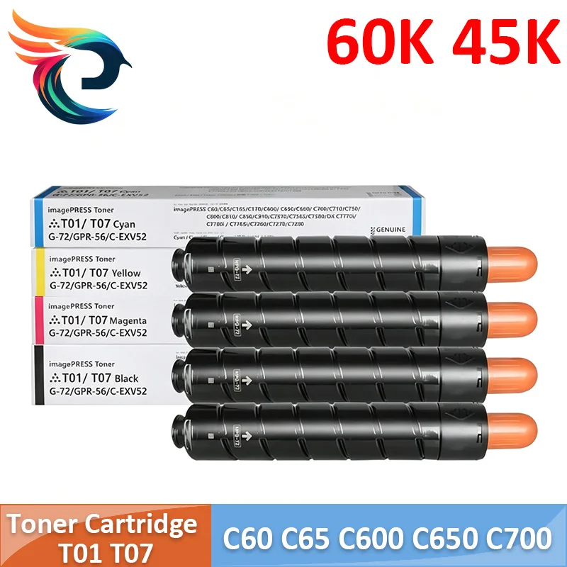 T01 High Capacity 60K 45K Toner Cartridge For Canon C60 C65 C600 C650 C700 C750 C800 C850 IRC7570 C7565 C7580 G72 GPR-56 C-EXV52