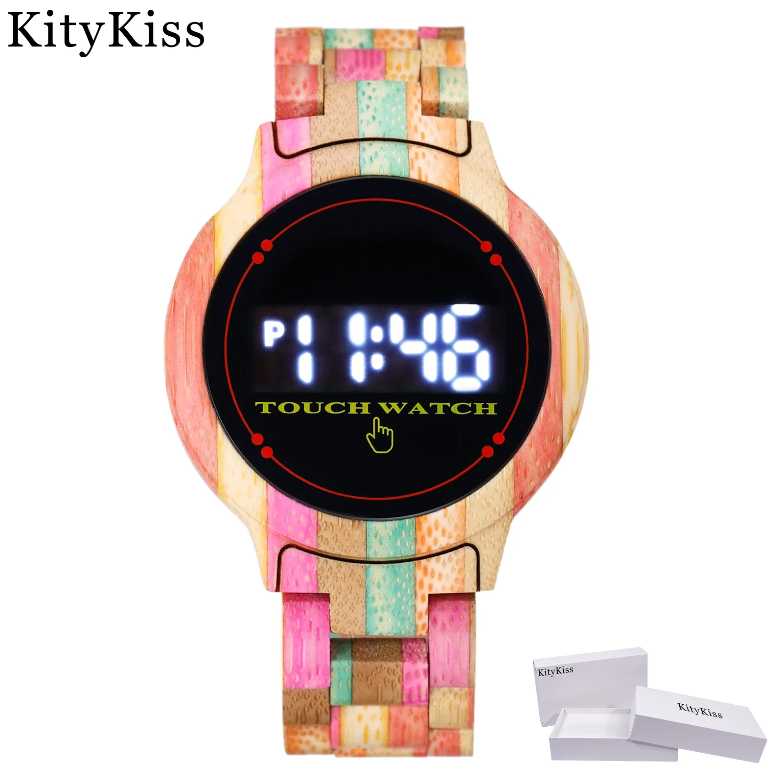 Electronic men's and women's wooden watch KityKiss touch design creative color clock wedding groomsman watch packaging gift