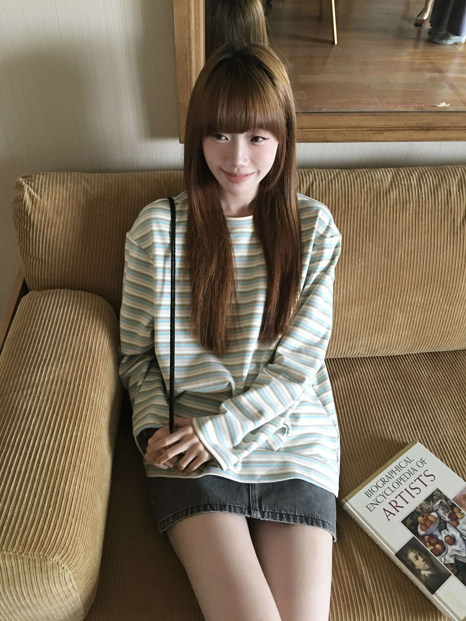 

Женская свободная футболка с длинным рукавом в полоску, весенняя модная повседневная модель из хлопка и полиэстера с круглым вырезом, топ Island Diary