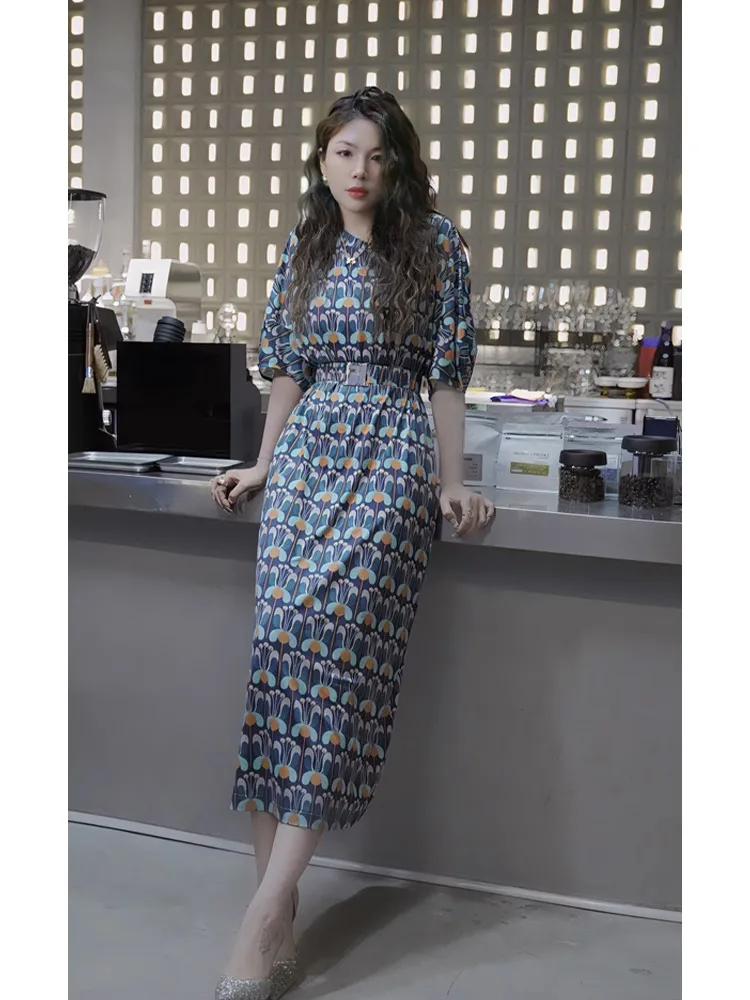 

Ele round Ne Print Dr Korean Sle Commute High Waist A-Line Skirt Long Sve Summer New Arrival for Young Women