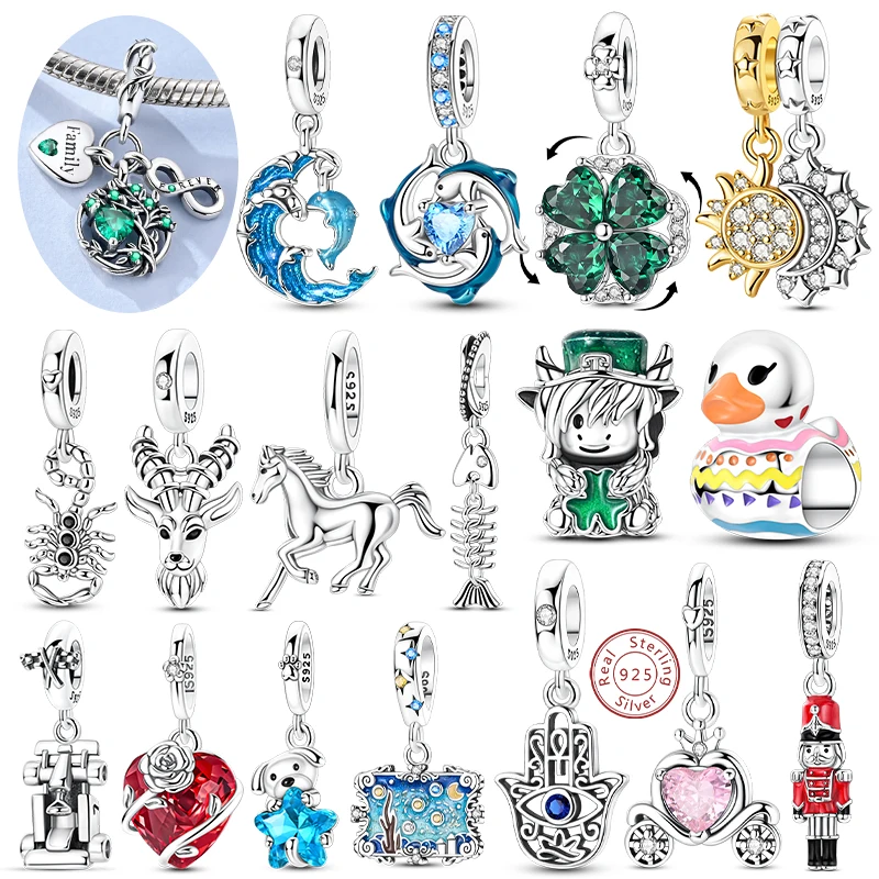 

New 925 Sterling Silver Charm Pendant Sun Moon Four-Leaf Clover Fishbone Dolphin Beaded Fit Original Women Bracelet Jewelry Gift