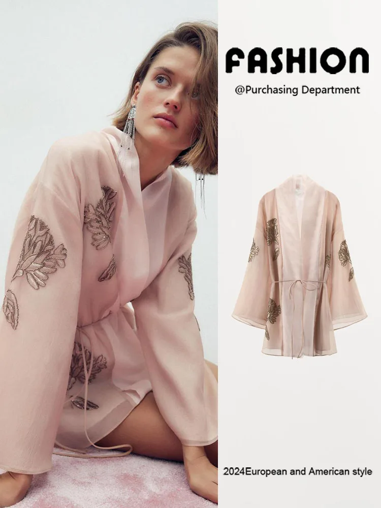 

Faionable Women's Silk Blend Kimono Sle Jaet Beaded Decorated New Arrival Autumn 2025 Ethnic Stage Costume