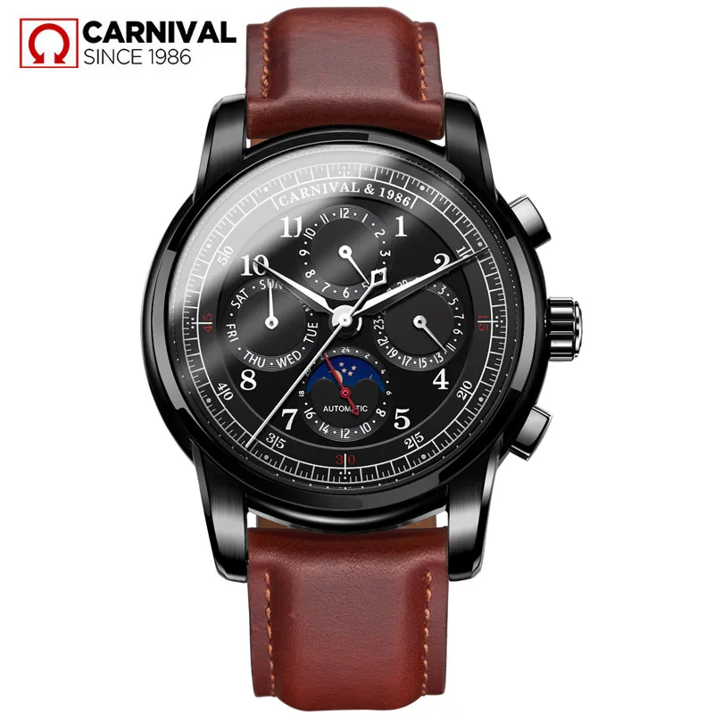 Switzerland CARNIVAL Top Brand Multi-function Mechanical Watch Men Automatic Fashion Luxury Leather Waterproof Watches relógio