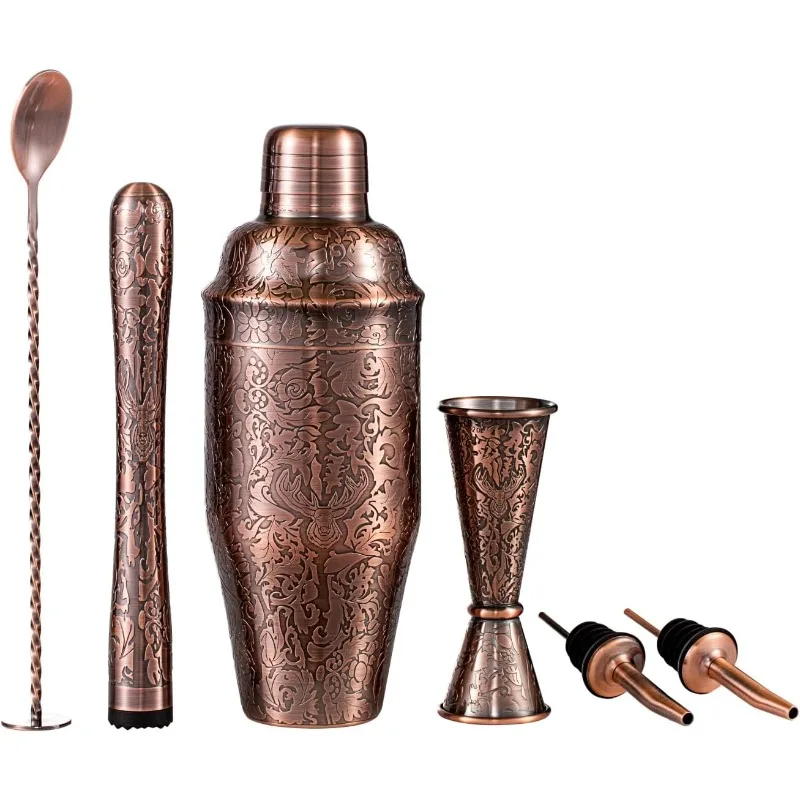 3D Etching Cocktail Shaker Set Bartender Kit with Cocktail Shaker,Jigger, Muddler, Bar Spoon, Bar Accessory Tools, Reindeer