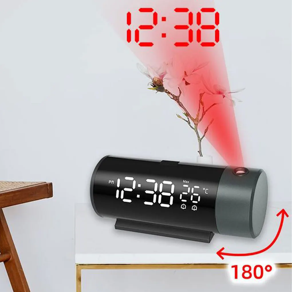 Multifunctional Projection Alarm Clock 180° Rotatable Projector Digital Clock 4-Level Brightness Dimmer LED Display Dual Alarms