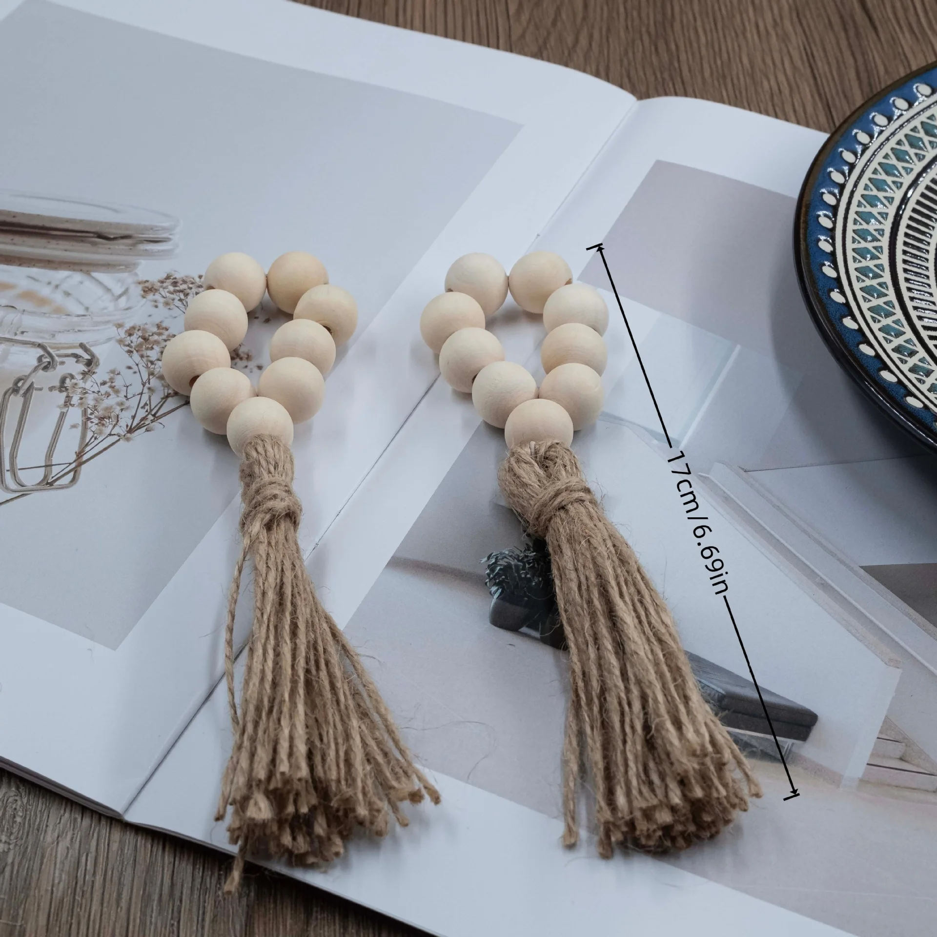 

Hot Selling Ins Nordic Style Hemp Rope, Natural Wood Color, Wood Bead Tassel String, Napkin Clasp, Hand Woven Napkin Ring