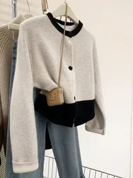 Women Knit Cardigan 2024 Autumn Winter New Contrast Color Long Sleeve Pullover Tops Vintage Loose Sweater Coat