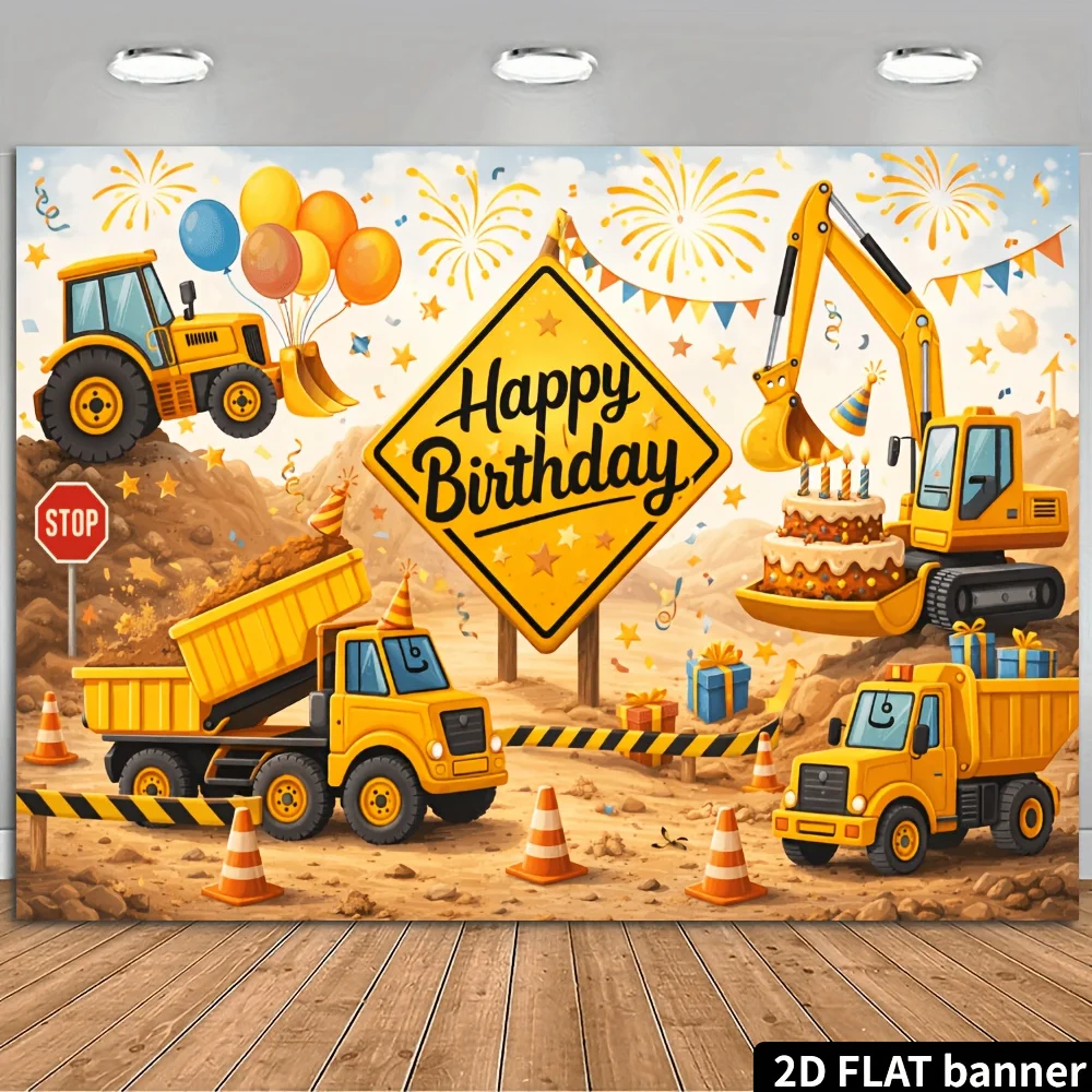 Bannière de fond pour fête d'anniversaire sur le thème des véhicules de construction, avec des bulldozers, des excavatrices, des camions à benne basculante et d'autres engins de construction.