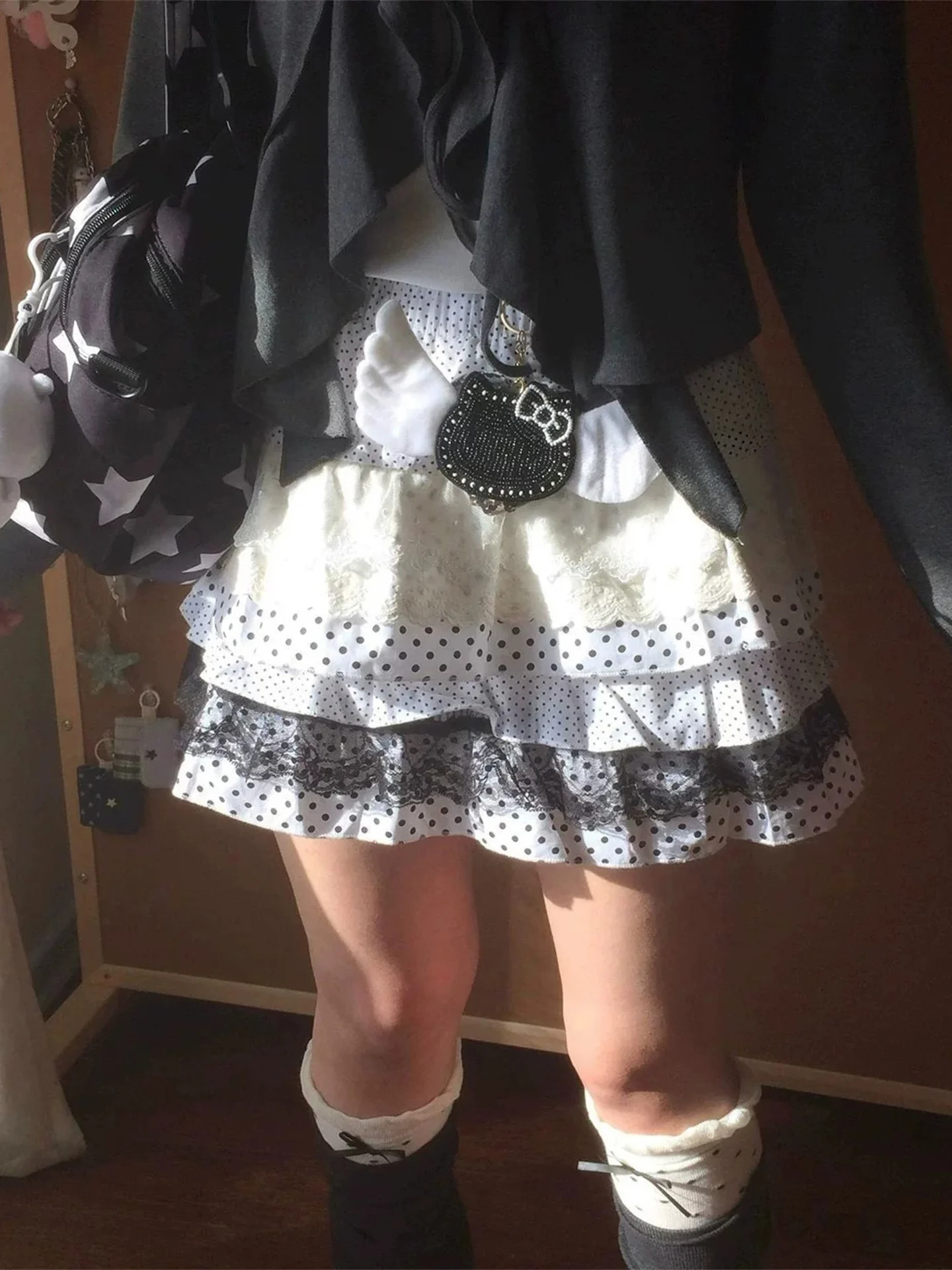 Lolita Vintage Dot Cake Skirt Women Early Autumn Retro Sweet Half Skirt Lace Splicing Puffy Short Skirt Breathable Casual Lei...