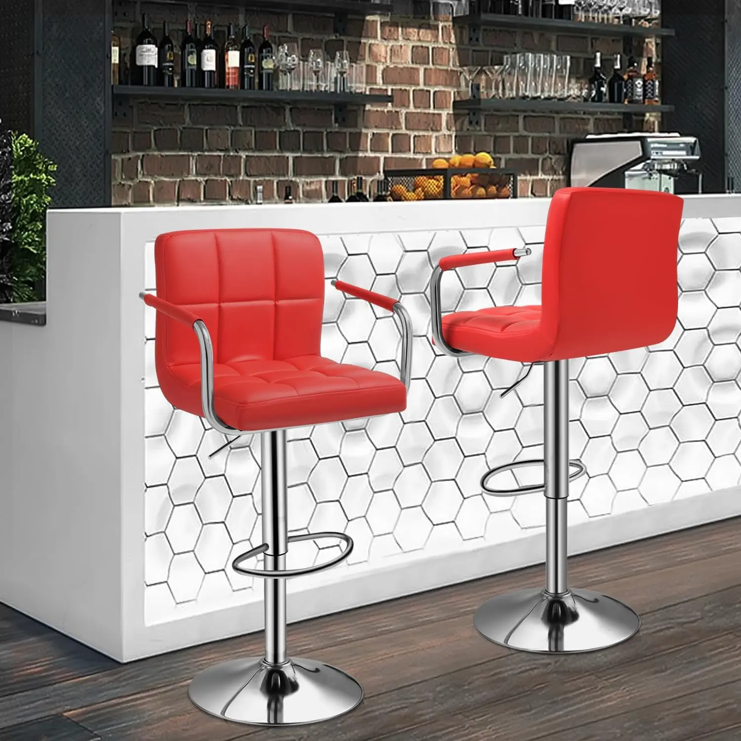 Modern Bar Stools Set Of 2, Height Adjustable Swivel Barstools With Armrest And Footrest, Bar Chairs For Kitchen Island