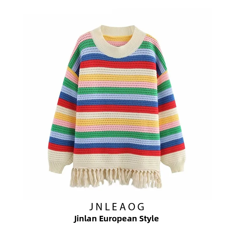 

JNLEAOG Autumn New Faion Street Sle Women's Long Sve round Ne Sweater Color Blo Casual Versatile Polyester Fiber