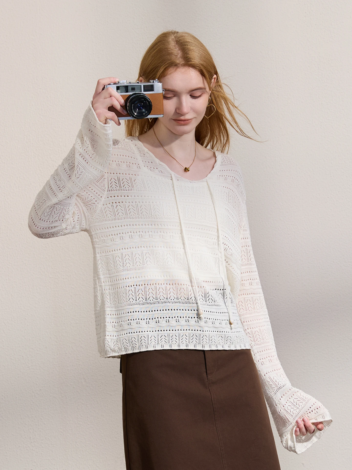 SEREN Reticulate Knitted Hollow out Long Sleeve V-Neck Tunic Top with Belt Casual Loose Fit Soft Lenzing Linen Women's Fashion