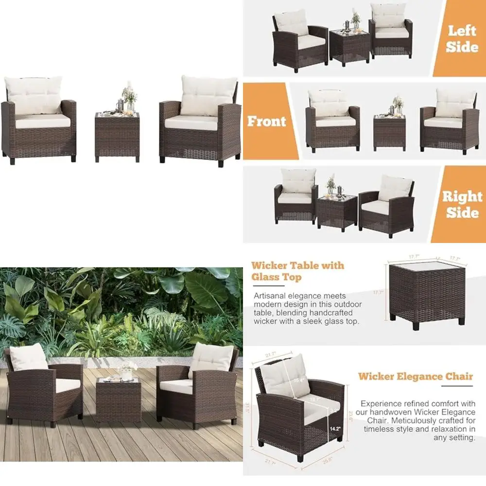 

3-Piece Patio Furniture Set: PE Rattan Wicker Chairs with Table for Outdoor Backyard, Garden, and Poolside Use