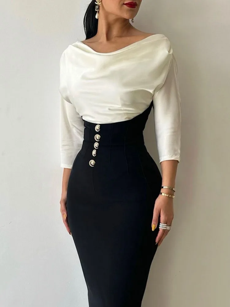 Freeacy 2024 New Women's Elegant Dress Suit Solid White Boat Neck Shirt and High Waist Skinny Wrap Skirt Sexy Skirts Sets