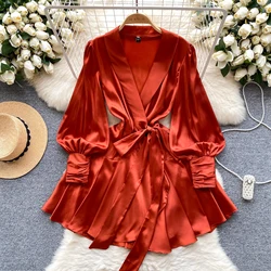 French Vintage Folds V-neck Solid Puff Sleeves Long Sleeves Dress Casual A-LINE Women Fashion Autumn Dress