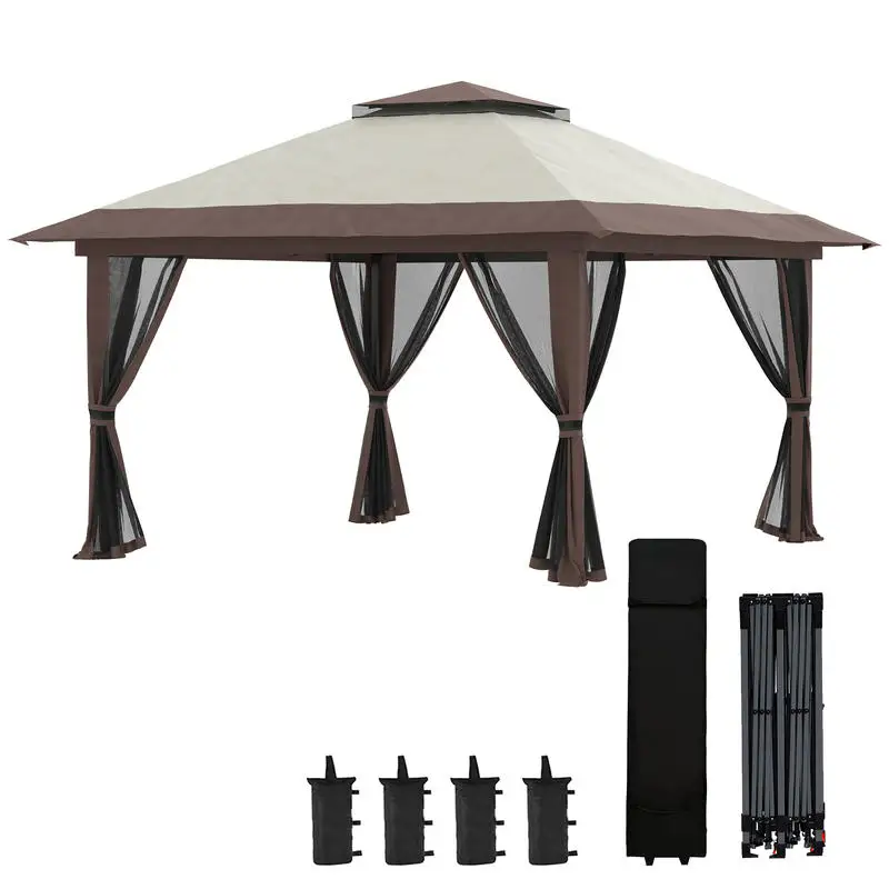 

Outsunny 13' x 13' Pop Up Gazebo Instant Canopy Tent Shelter with 2-Tier Roof, Carry Bag, Wight Bags for Outdoor, Garden, Beige