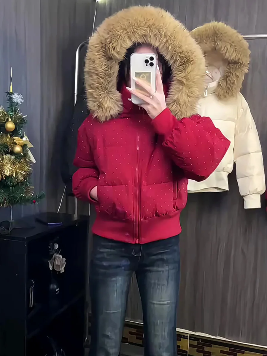 Jaqueta Puffer Feminina 2025 de Inverno Acolchoada com Plumas Brancas, Gola Grande de Pele, Quente, Modeladora, Casual e Elegante