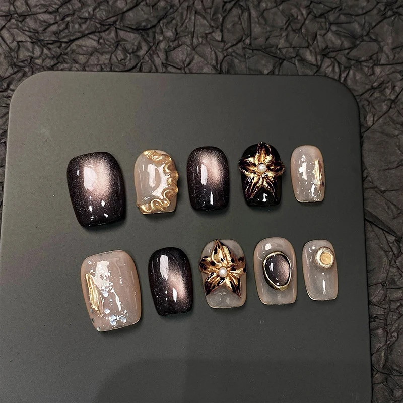 

10pcs/bag Vintage Moonlight Cat Eye Holographic Effect Handmade Press On Nails Short Coffin Detachable False Nails