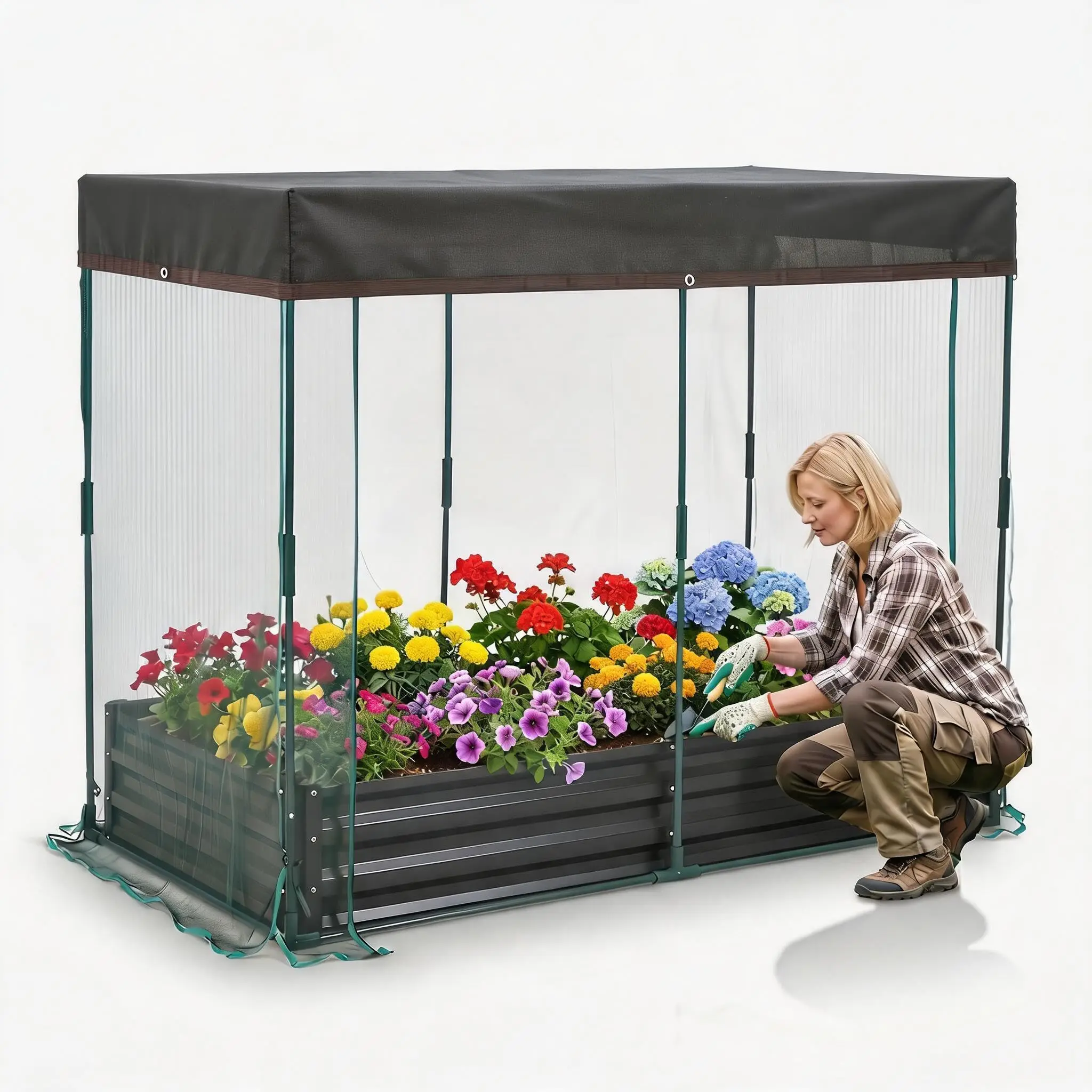 8x4x1 Ft Galvanized Raised Garden Bed with Self Watering Irrigation System & Mesh Cover, Bottomless Rustproof Metal Elevated Planter Box for Vegetables, Herbs & Flowers, Outdoor Patio Backyard Farm Planting