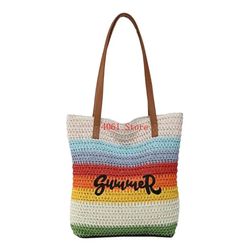 قوس قزح منسوج التطريز الشاطئ حقيبة تصميم قش كتف حقيبة يد العطلة للنساء العصري #3