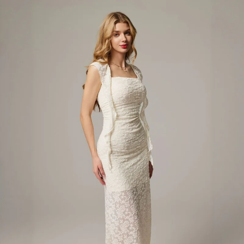 Women 2025 Summer New French Vintage Lace High Waist Dress Short Sleeve With Flounce Elegant Slim Fit Gown for Ladies