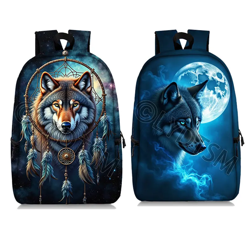 Galaxy Wolf Dreamcatcher Print Backpack Cool Wolf Moon Shoulder Travel Bags Rucksack Teenager Laptop School Bags Girls Daypack