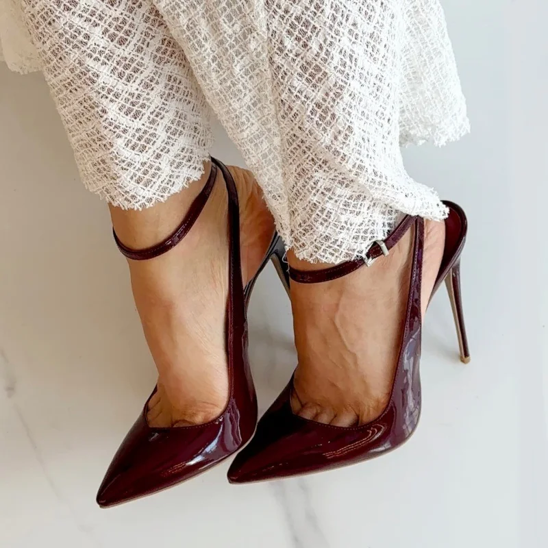 

Woman Burgundy Shoes Ankle Buckle Strap Pointed Toe Stiletto High Heels Pumps Patent Leather 12cm Formal Footwears Size 46