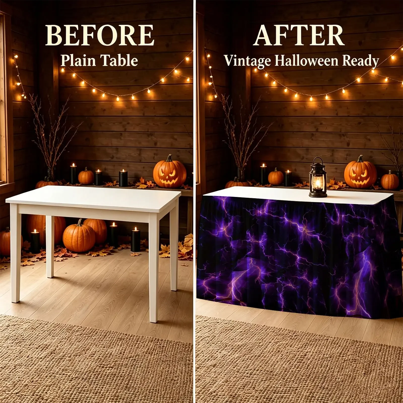 Halloween, Christmas, Party Horror Table Skirt 1 piece - Purple lightning printed on a black background tablecloth