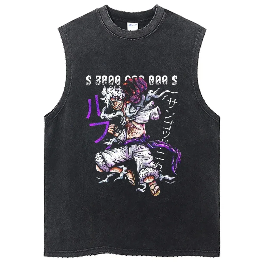 One Piece Vest Washed T-Shirt Anime Guts Graphic Tank Top Cotton Sleeveless Streetwear Loose Trend T Shirt Men\'s Clothing Unisex