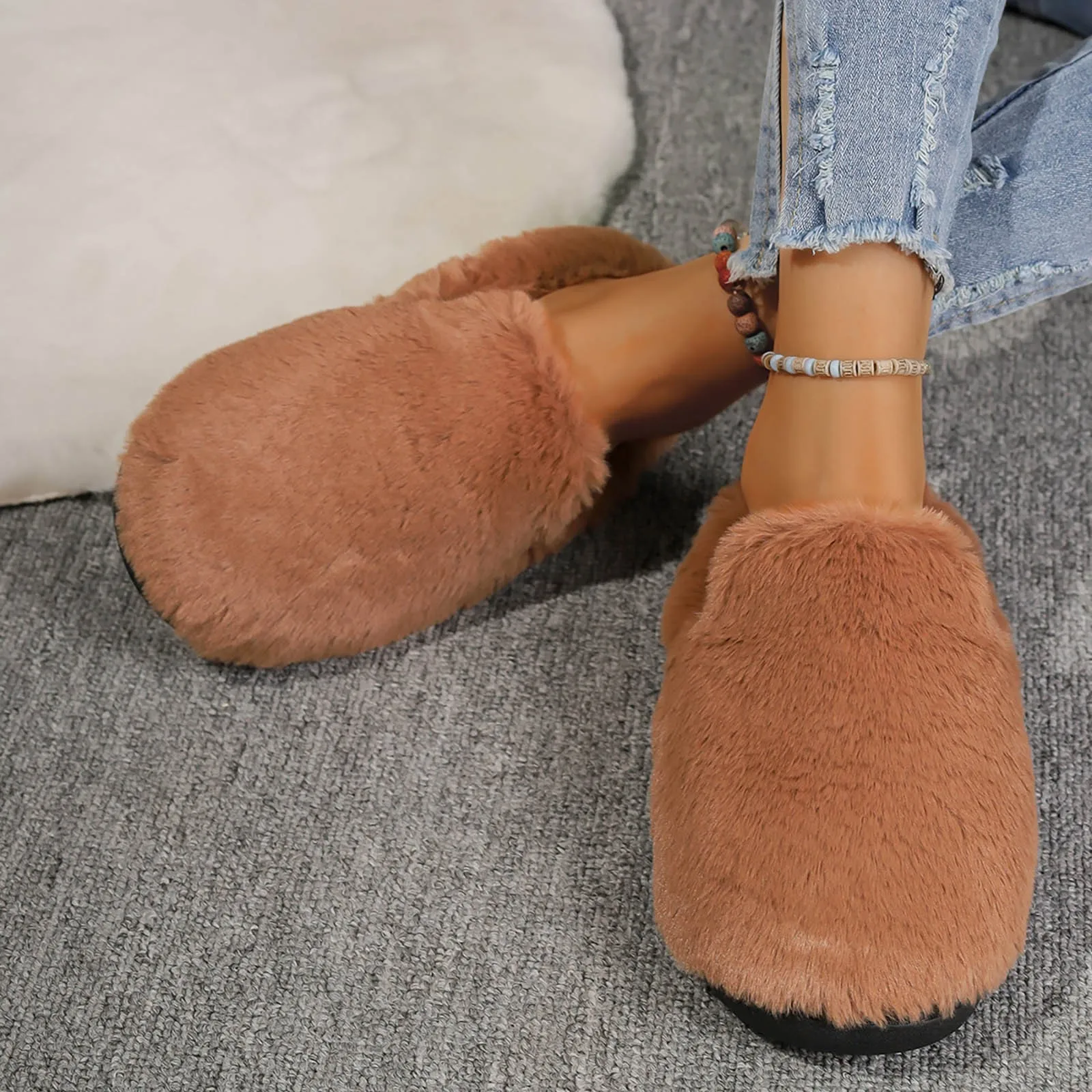 

Fur Mule Slippers Women Winter Home Shoes Slip on Furry Loafers with Butterfly Knot Fur Slides Female Lush Fluffy Moccasins