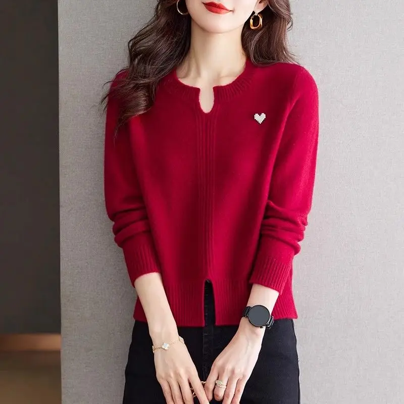 

Red Sweater Women's Short Autumn Winter New Simple Thin Fashion Knitted Base Top