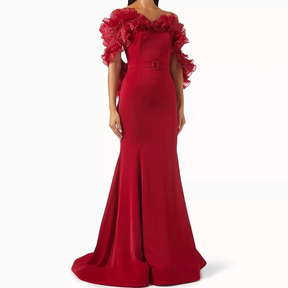 

Customized Mermaid Evening Dresses Floor-length Off The Shoulder Sleeveless Prom Gown Fashion Ruched Simple Draped Party Gown