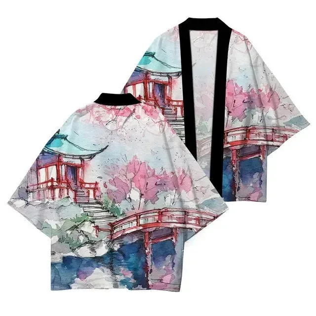 سترة كيمونو كوسبلاي للرجال على الموضة بطباعة المناظر الطبيعية هاوري ستريت ريترو
