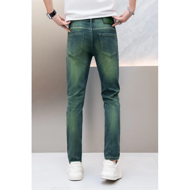 2024 New emerald green fashion jeans men\'s light luxury high-end fashion elastic fitted all-matching casual skinny trousers