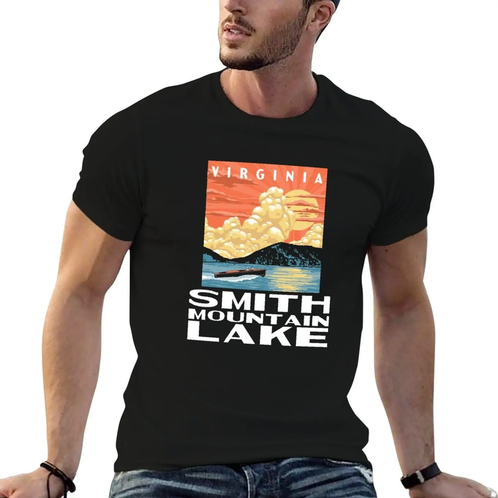 

Smith Mountain Lake Virginia Vintage Boat WPA Poster Style T-Shirt man t shirt cotton graphic t shirts for man T-Shirt
