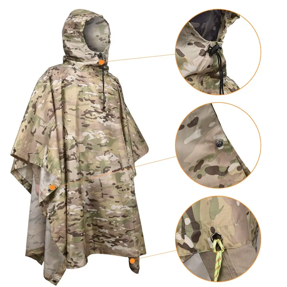 Impermeável tático de camuflagem para homens e mulheres, Portable Folding Adult Army impermeável, Poncho militar, Capa de chuva para motocicletas