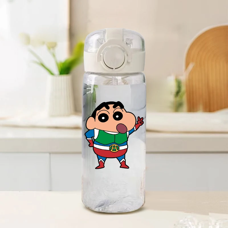 400ml Crayoned Shin-chans Water Bottle Cute Cartoon Printed Transparent Clinker Kettle with Straw Fashion Portable Jugs Gifts