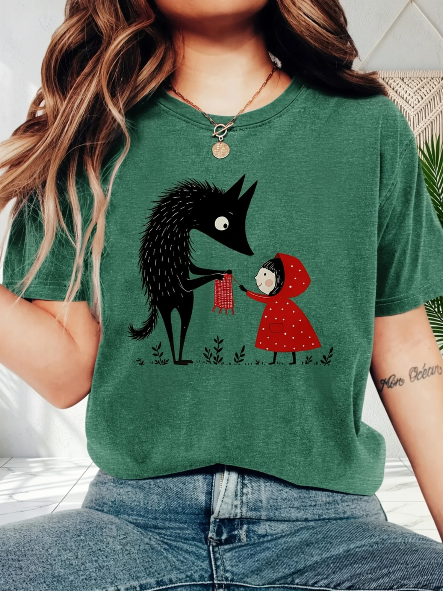 

Women's Crew Neck Cute Little Red Riding Hood Wolf Print Short Sleeve Casual T Shirt Loose Green Daily Summer Leisure Wear Top