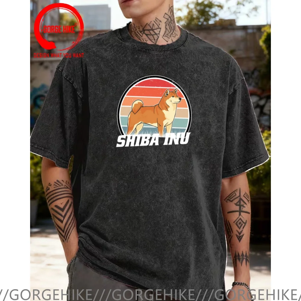 

Vintage Washed Cotton T-Shirt Funny Designer Shiba Inu Retro Vintage Akita Inu T Shirt Men Fashion Trendy Casual Clothing Styli