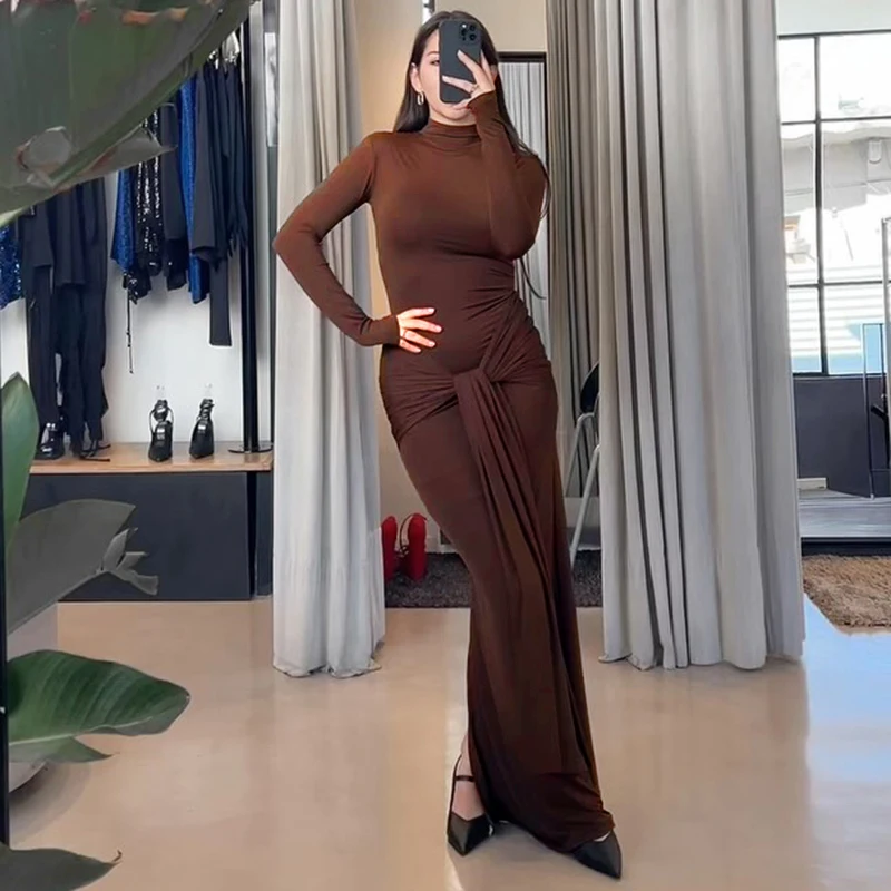 Women Dresses Autumn Winter New Black Sexy Maxi Dresses Streetwear Fashion Long Sleeves Turtleneck Elegant Female Folds Dresses