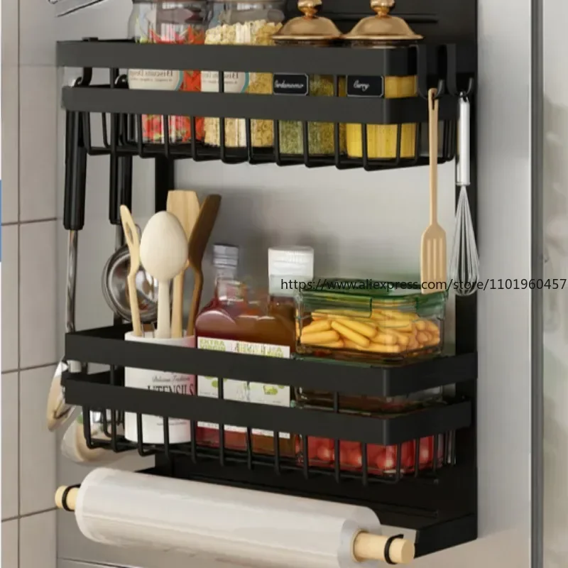 

3 layers Magnetic No Punching Kitchen Shelf Kitchen Rack Refrigerator Shelf Storage Bag Seasoning Storage Kitchen Organizer