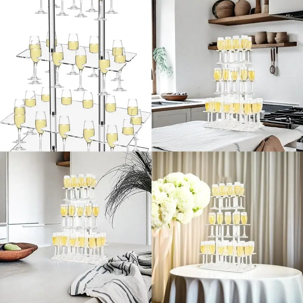 

LED-Illuminated Champagne Tower with 32 Slots for Party, 3-Tier Flute Holder for Celebrations