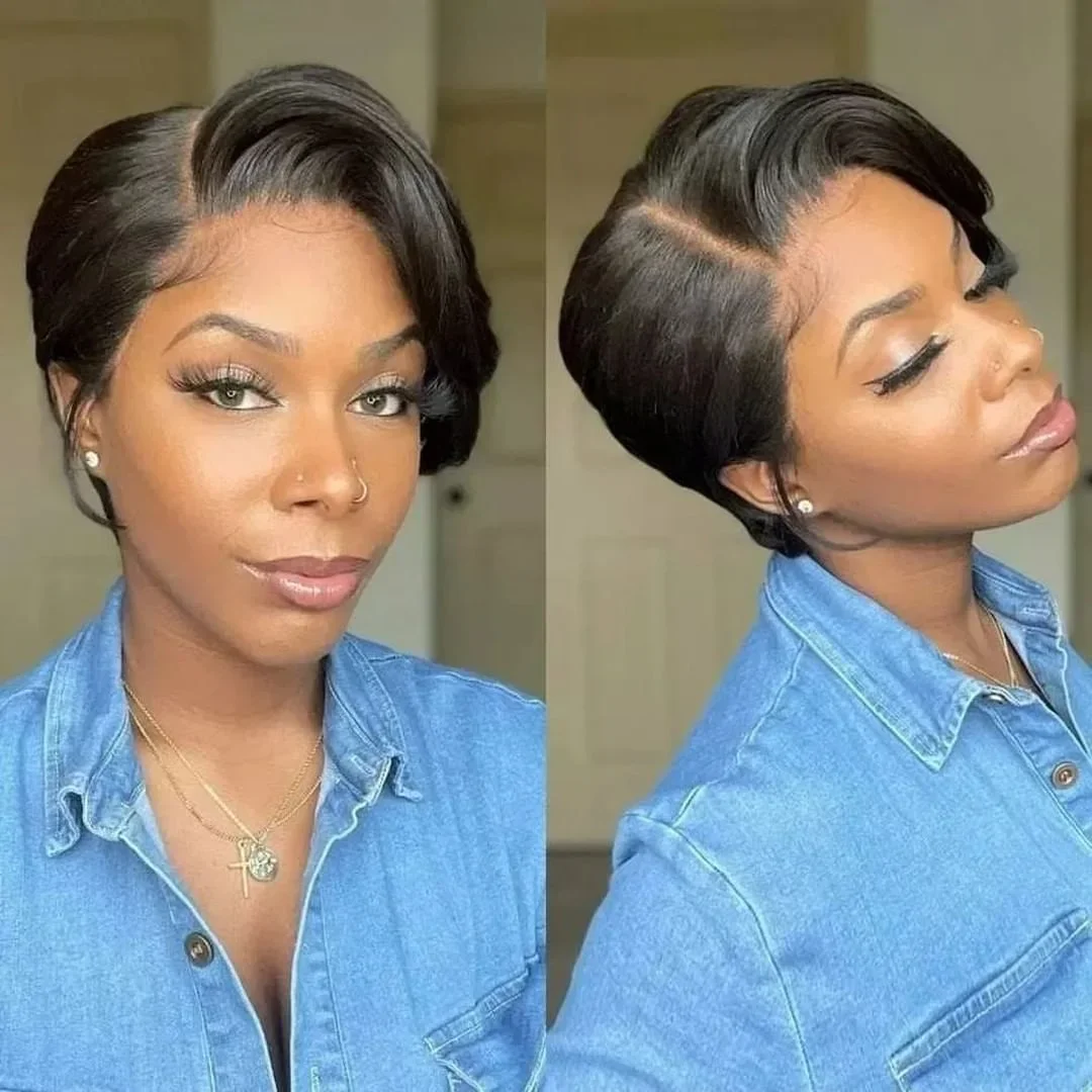 Short Bob Wigs Pixie Cut Remy Hair Brazilian Straight Human Hair Transparent T Lace Part Pre Plucked Bob Wigs For Black Women