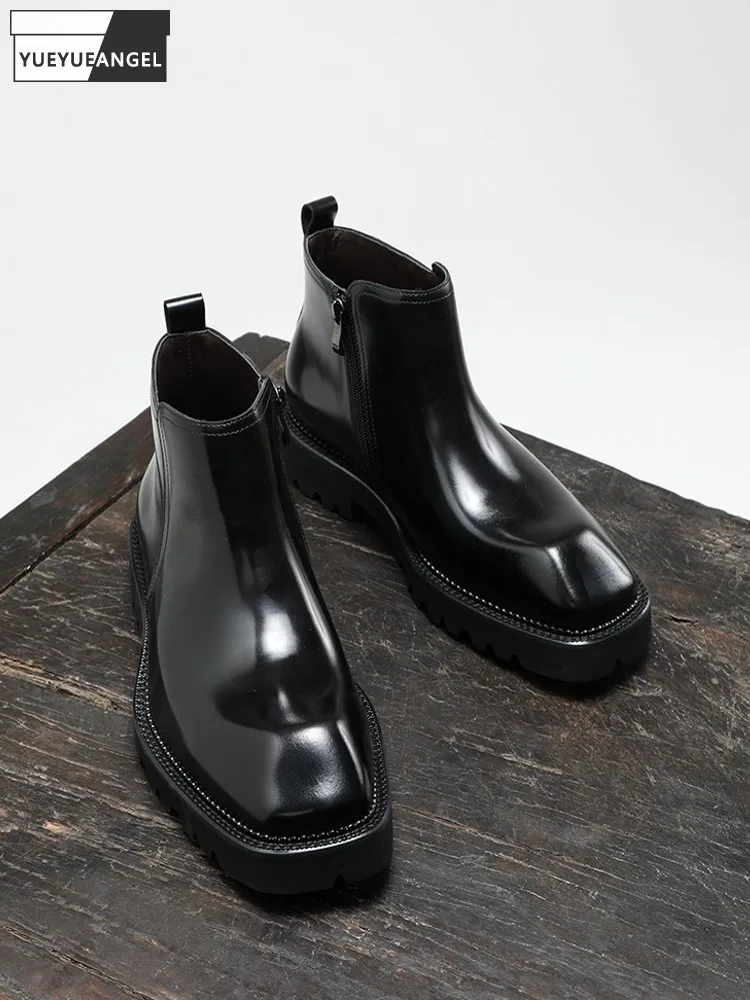 

British Style Men Fashion Cowhide Thick Platform Chelsea Boots Ankle Boots Round Toe Genuine Leather Male Shoes Business Work