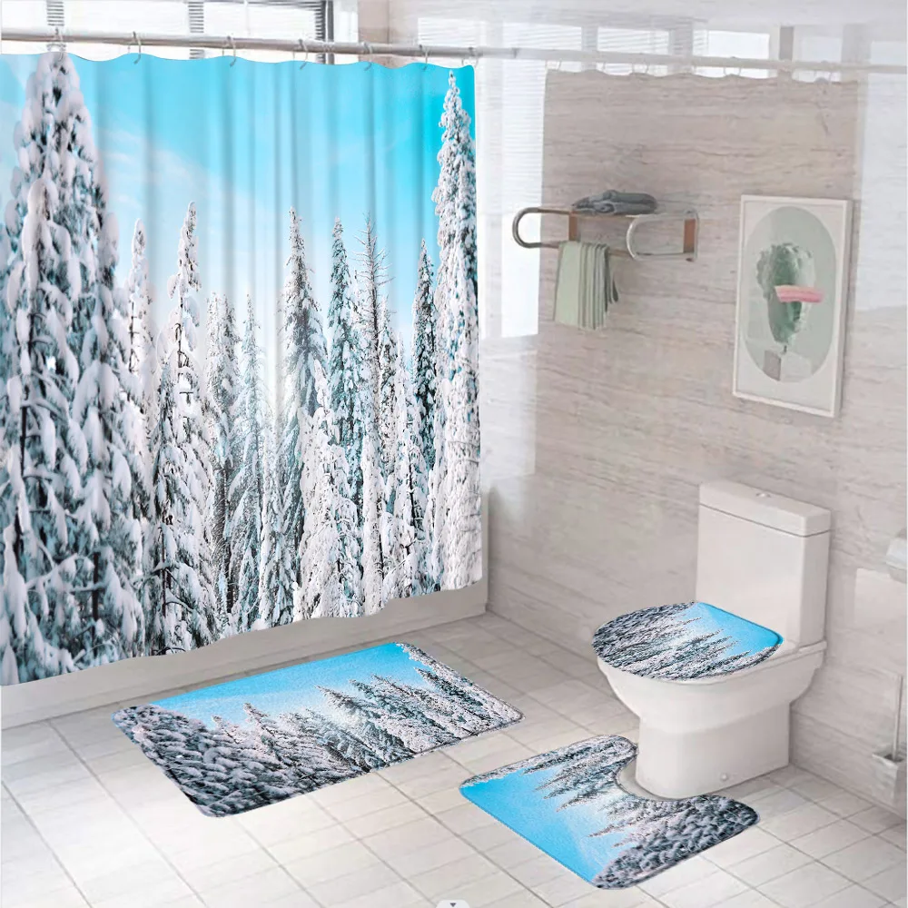 Winter Snow Forest Shower Curtain Sets Birch Trees Natural Scenery Bath Screen Bathroom Mat Non Slip Rug Carpet Lid Toilet Cover