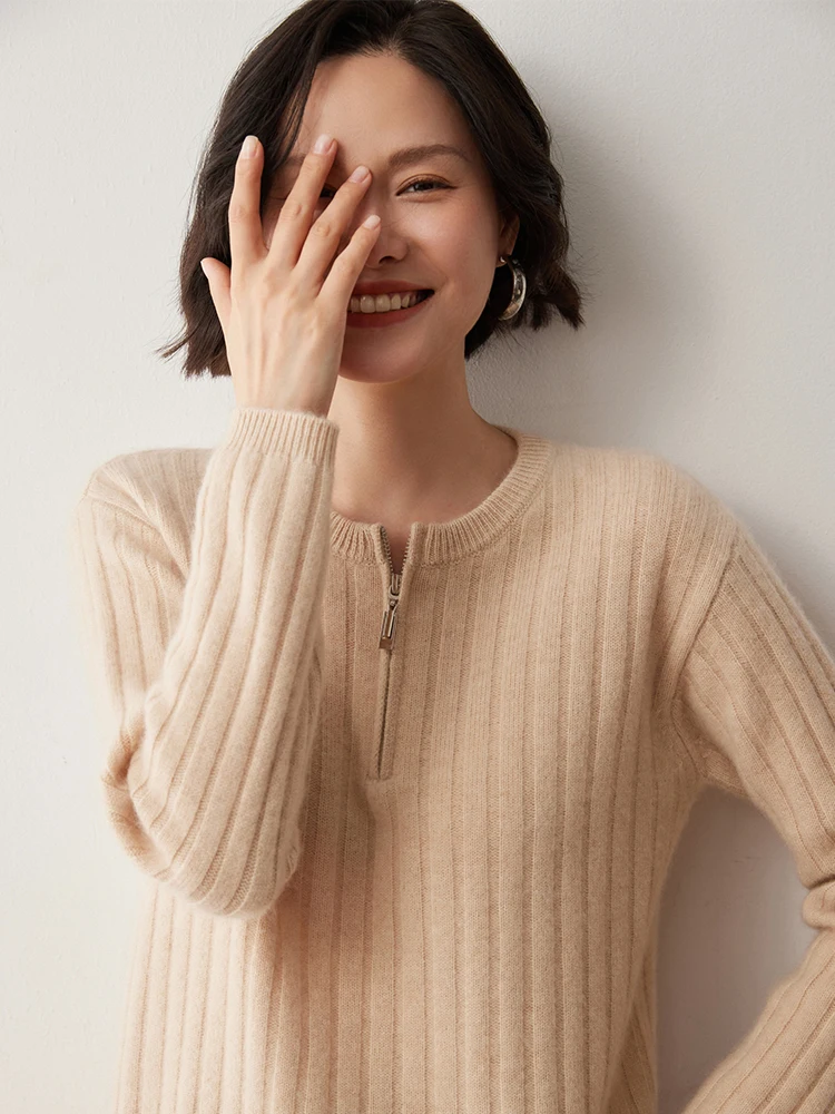 

Chic Autumn Winter Zipper O-Neck Women's Cashmere Sweater Luxury Female 100% Cashmere Knitwear Grace Soft Casual Popular Tops