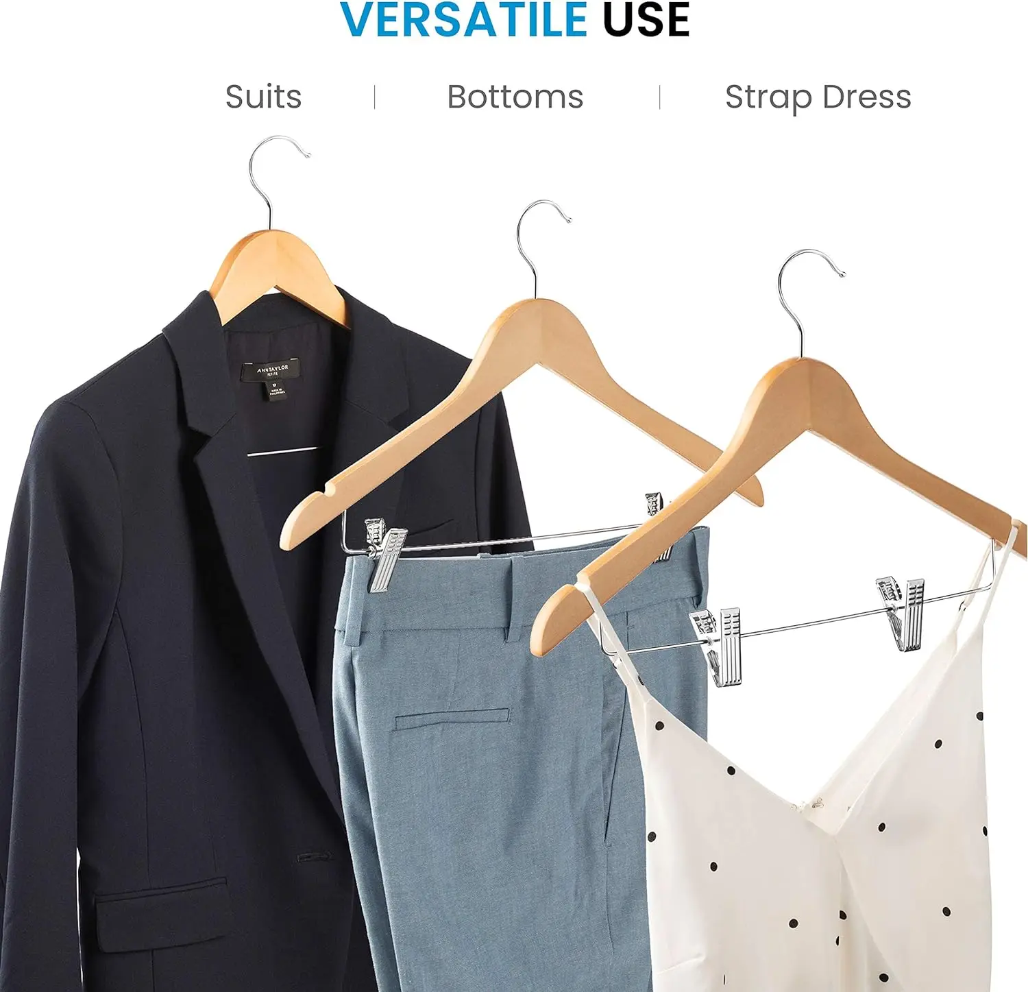 5 Pack High-Grade Wooden Suit Hangers with Adjustable Metal Clips 360° Swivel Hook Shoulder Notches for Dress Coat Blouse Jacket image 3